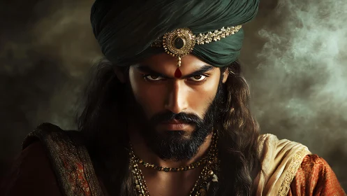 Intense warrior prince in jeweled turban amid swirling smoke.