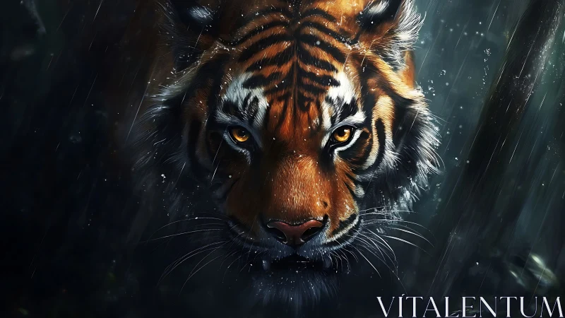 Rain-soaked tiger moves forward with glowing, determined eyes