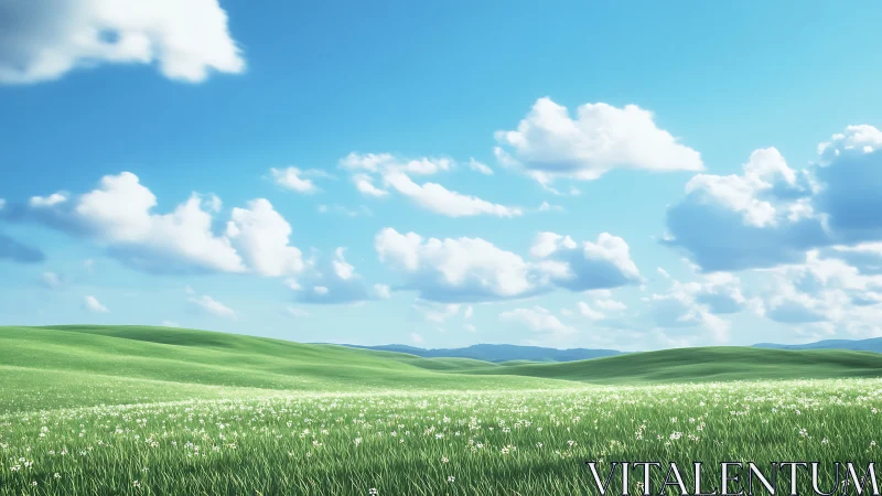 Parametric green hills under stratocumulus-dotted skyfield.