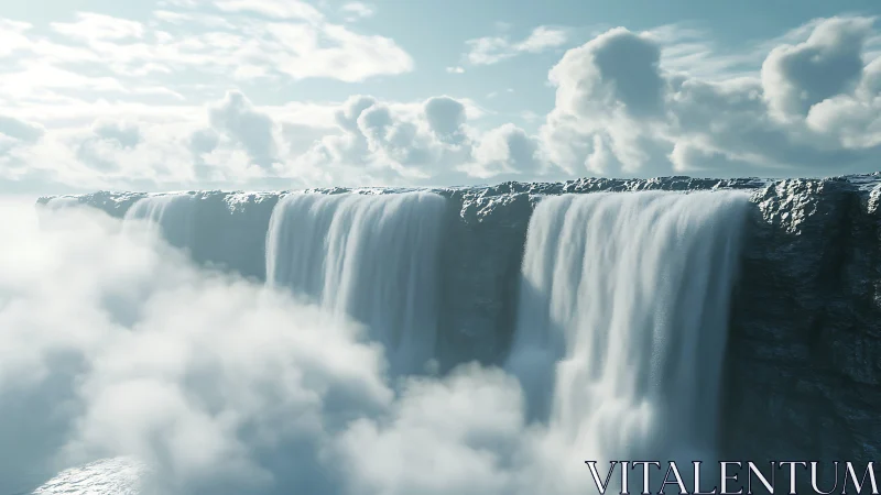 Dreamlike cliffside waterfalls pouring into soft clouds.
