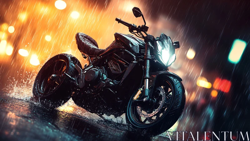 Cinematic street motorcycle render in neon rain atmosphere.