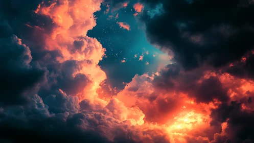 Volumetric cumulonimbus clouds with teal core and ember glow