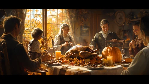 Warm autumn family feast rendered in golden digital painting