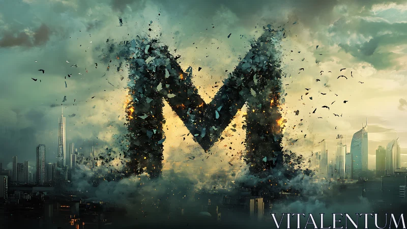 Monolithic letter M shatters above a futuristic skyline.