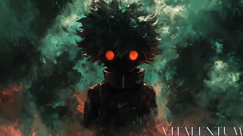 Mysterious glowing-eyed figure stands in swirling teal smoke