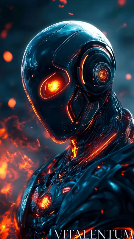 Futuristic humanoid robot with molten core and glowing lines.