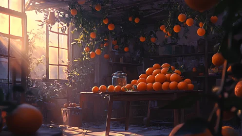 Sunlit orange harvest spills through a dreamy garden workshop.