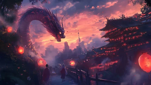 Serpentine dragon looms over lantern city at vivid sunset