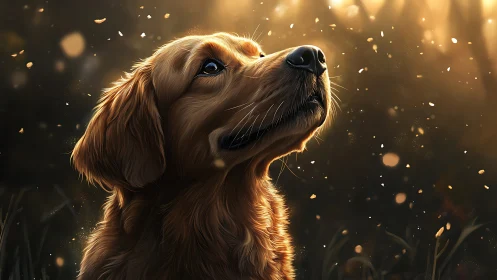 Golden retriever profile in soft backlit outdoor setting.