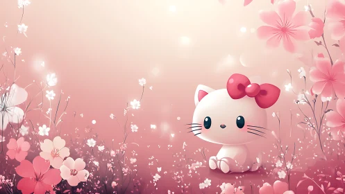 Kawaii white kitten amid bokeh-lit pastel sakura field.