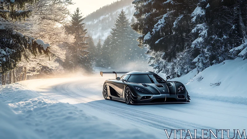 High-performance sports car on snow-covered forest road.