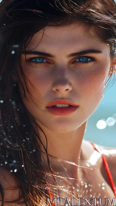 Sea-glass eyes and sunlit droplets crown a beach siren.