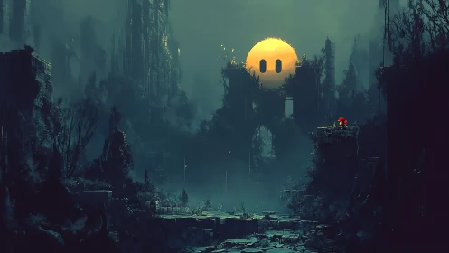 Gentle smiling moon watching over a misty ruined city.