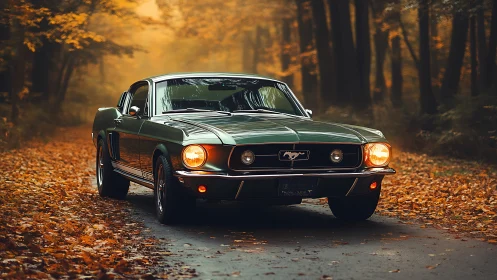 Classic fastback Mustang parked on leaf‑covered forest road