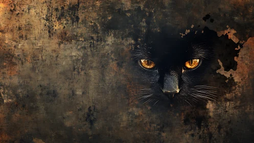 Black cat face emerging from textured grunge wall.