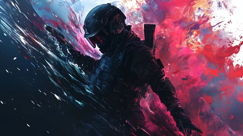 Armored soldier cuts through neon smoke in explosive motion