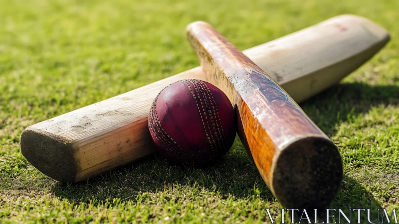 Cricket ball with two wooden bats on closely mown grass field.