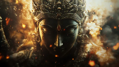 Ornate bronze deity bust emerges from volumetric firelit smoke