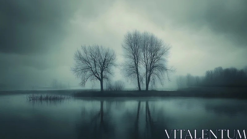 Twin winter trees mirrored on misty lakeside at dusk.