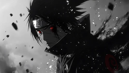 Dark ninja portrait shows glowing red eyes amid ash storm