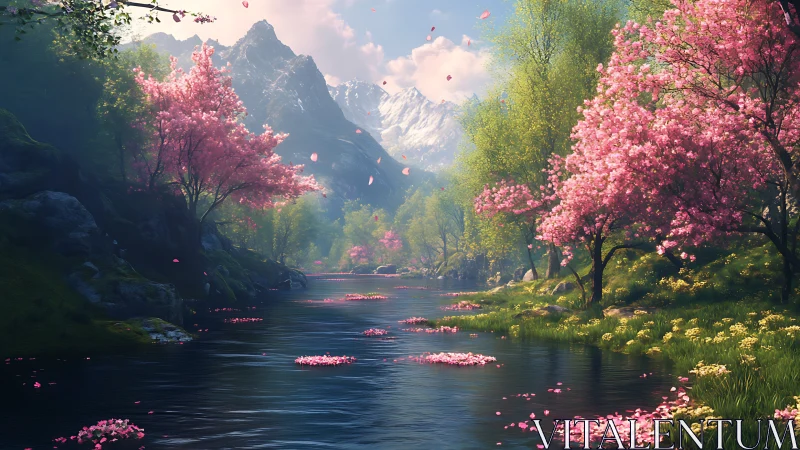 Digital painting of alpine river with luminous spring blossoms.