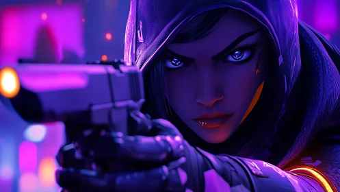 Cybernetic assassin aims pistol under neon magenta-blue light