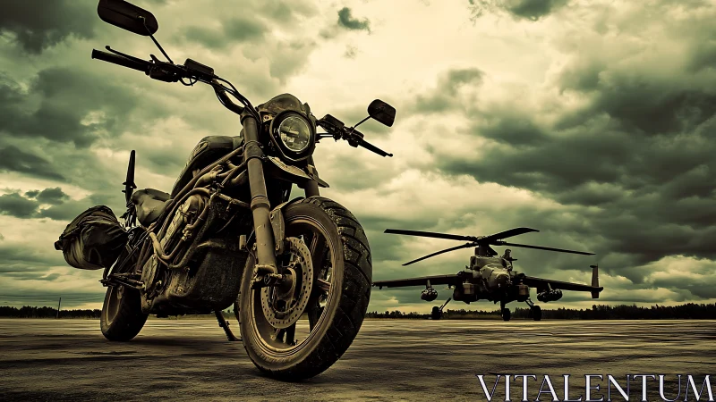 Military style motorcycle and attack helicopter on runway.