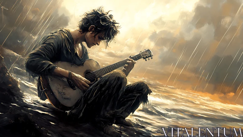 Solitary guitarist plays through stormlight by the sea