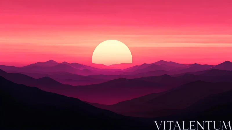 Vibrant digital sunset sinks behind layered violet mountains