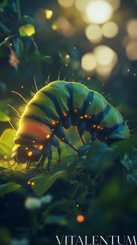 Bioluminescent forest caterpillar under cinematic macro light.