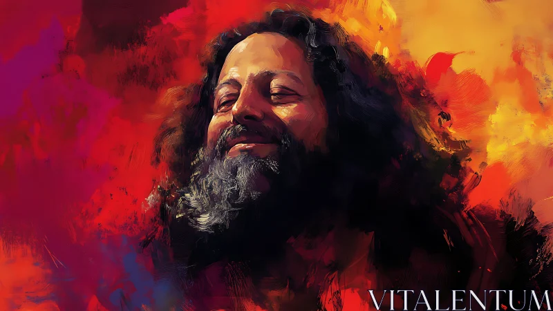 Joyful bearded man basks in warm, fiery abstract light