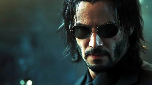 Shadowy stranger in sleek suit and dark glasses, watching.