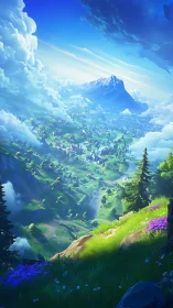 Sunlit alpine valley with distant snowcapped mountain peak