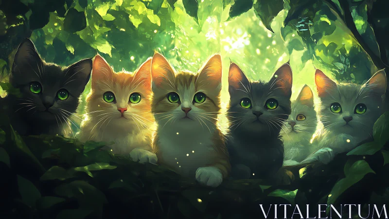 Luminescent Feline Ensemble in Enchanted Forest Canopy.