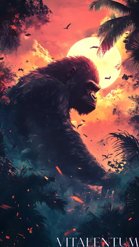 Sun-drenched titan gorilla strolls through burning jungle dusk