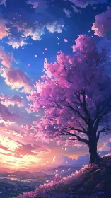 Radiant cherry tree overlooking a sunset valley panorama.