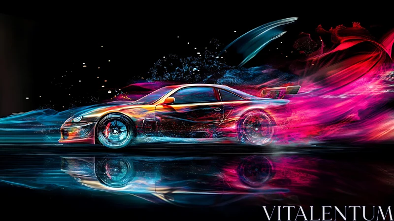 Sports car accelerates through neon light trails at speed