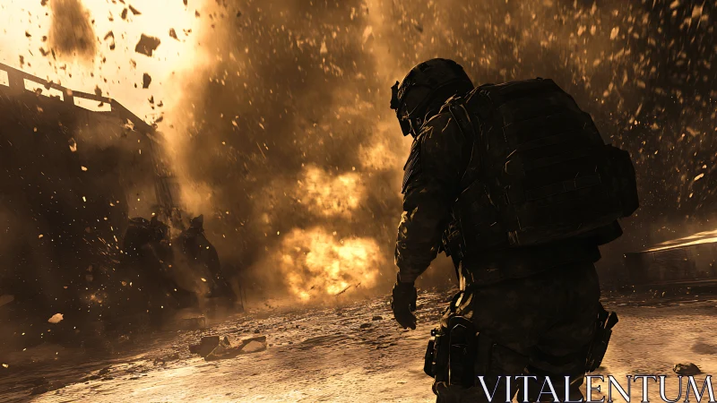 Soldier in combat zone with active explosion and debris field.