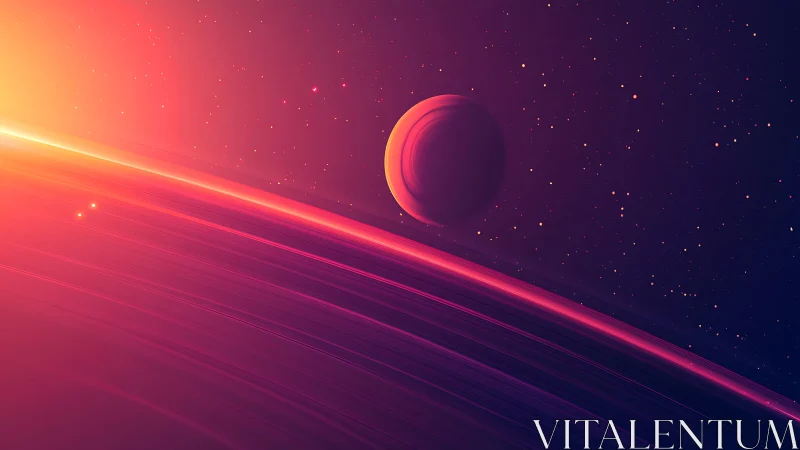 Ringed gas giant horizon with illuminated exoplanet and starfield