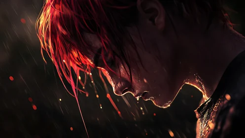 Rainlit profile captures quiet strength in a stormy pause