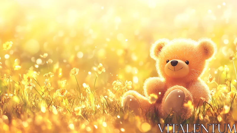 Smiling teddy bear rests in glowing golden wildflower field