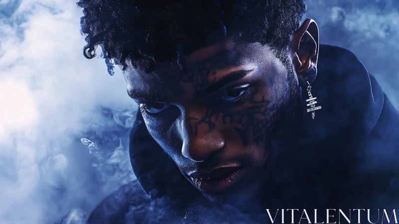 Moody portrait frames tattooed face in swirling blue smoke