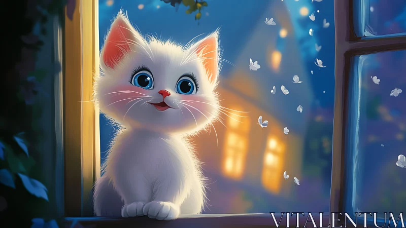 Adorable White Kitten Gazes Through Window at Magical Evening.