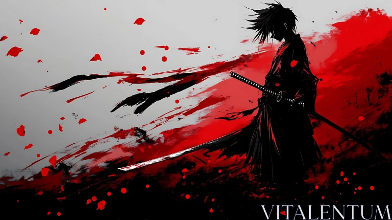 Silhouetted samurai stands amid dynamic red ink slashes
