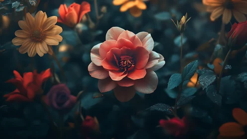 Coral Rose in Moody Garden Surrounded by Flowers.