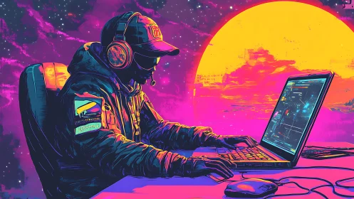 Neon dusk gamer coding starfields beneath electric suns.