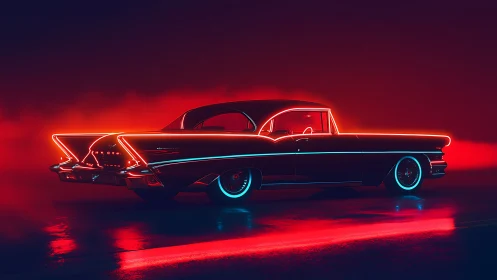Neon outlined classic coupe slices through red vapor glow.