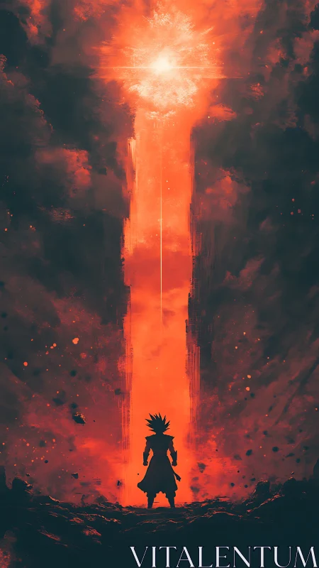 Fiery warrior silhouette meets a blazing celestial gateway