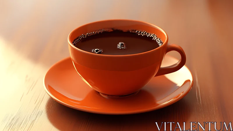 High-gloss orange ceramic coffee cup with reflective surface