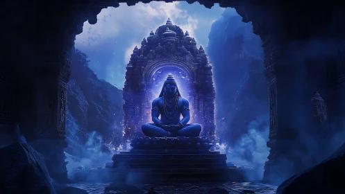 Luminous blue deity in mystic cave shrine, cinematic glow.